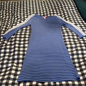 Blue stripe ribbed dress with cotton lace cutout sleeves